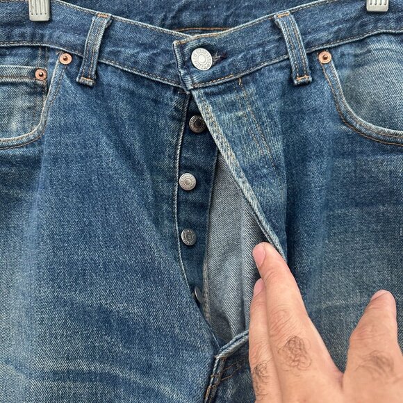 Vintage Levis 501 Jeans Mens 38x32 (36x31) Blue Straight Leg Button Fly Whisker - Picture 9 of 14